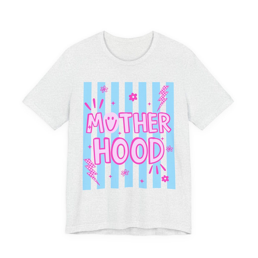 Motherhood Graphic Tee — Cute Pink & Blue Striped Mom Shirt