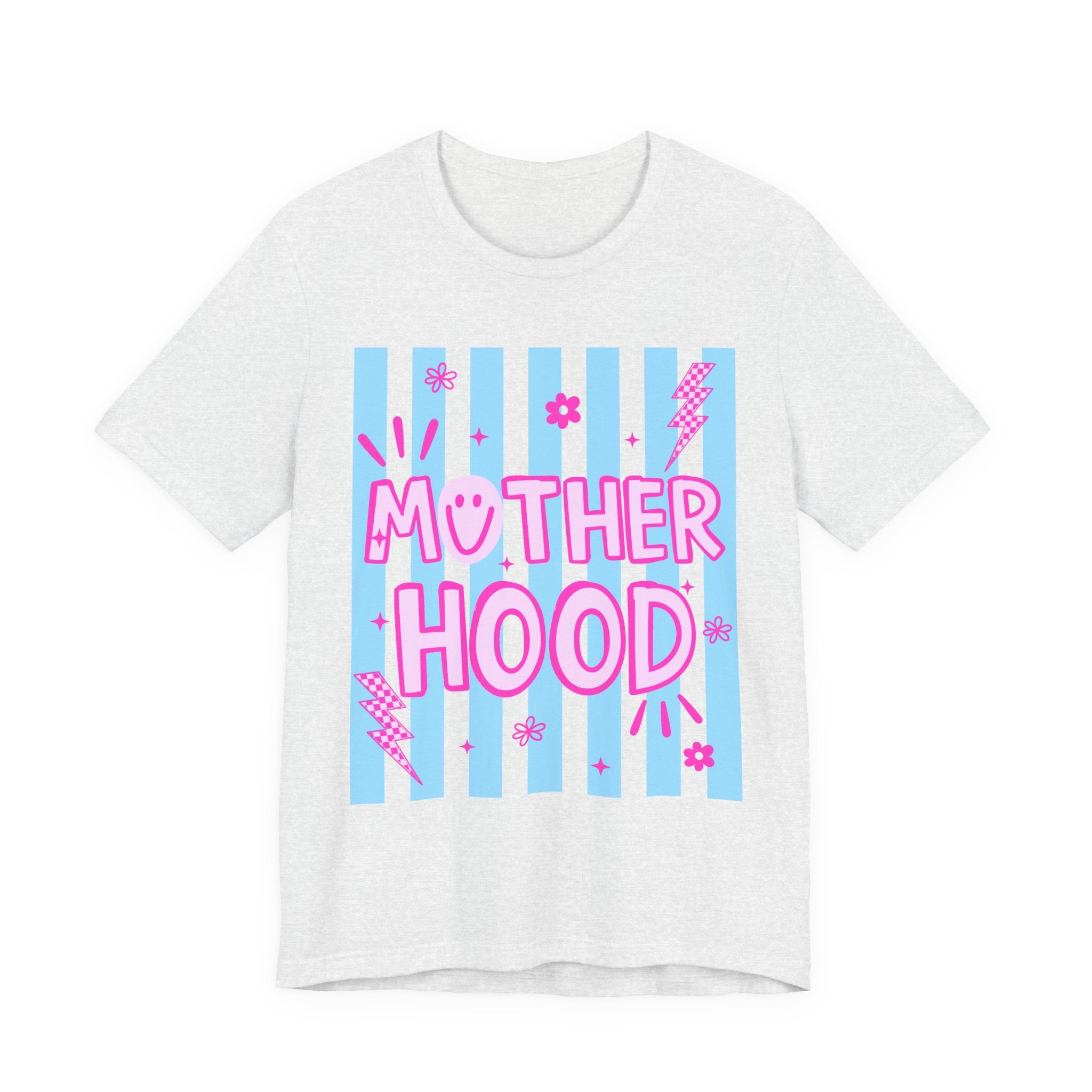 Motherhood Graphic Tee — Cute Pink & Blue Striped Mom Shirt