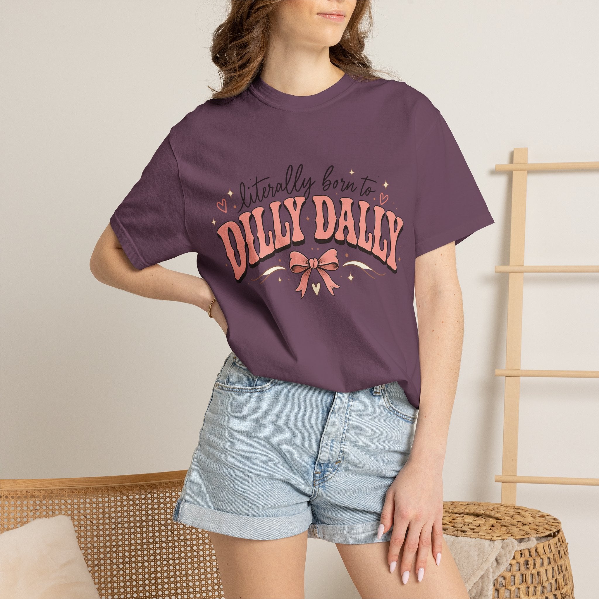 T-Shirt — "Literally Born to Dilly Dally" Retro Pink Bow Graphic