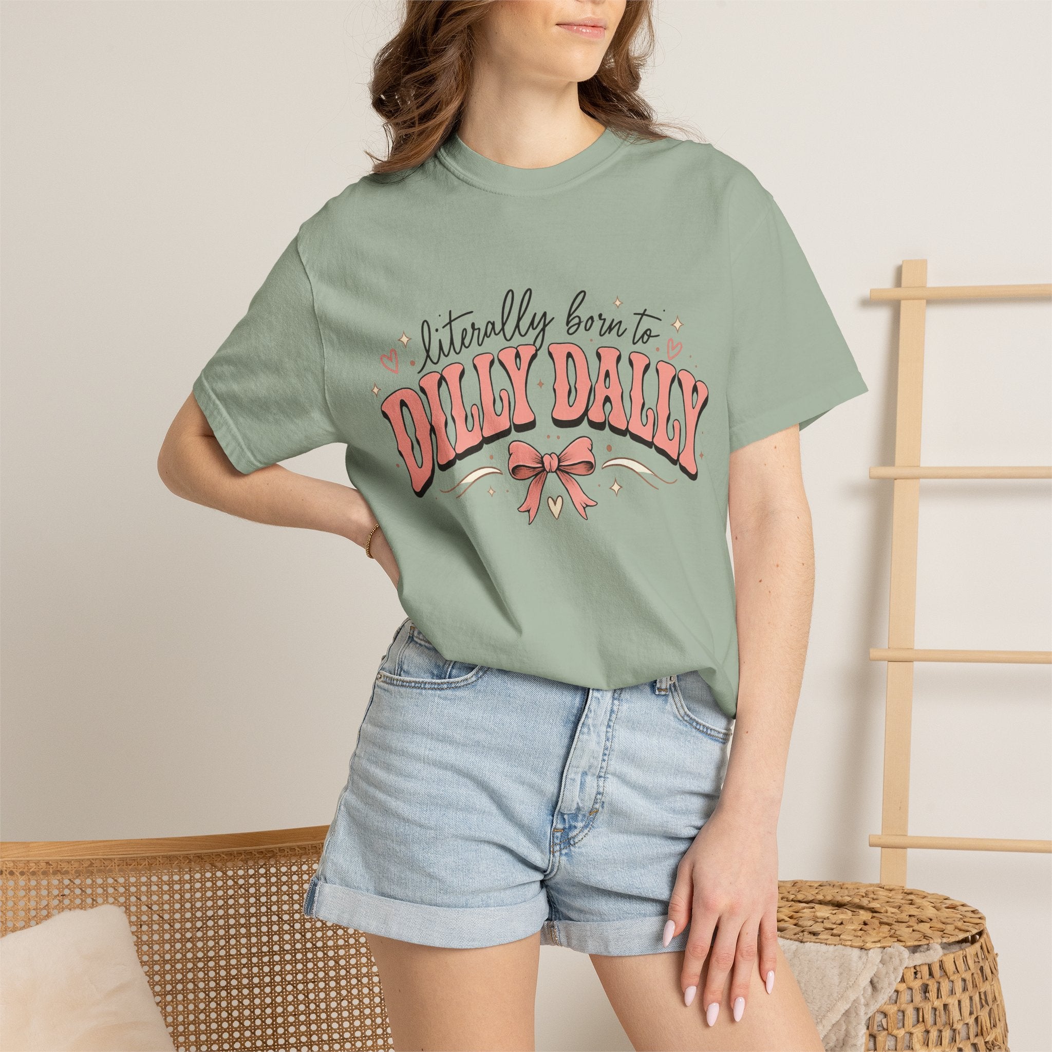 T-Shirt — "Literally Born to Dilly Dally" Retro Pink Bow Graphic