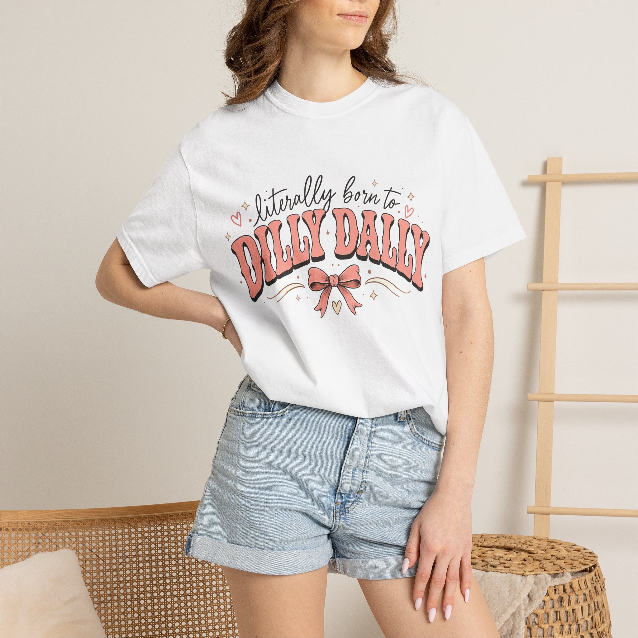T-Shirt — "Literally Born to Dilly Dally" Retro Pink Bow Graphic