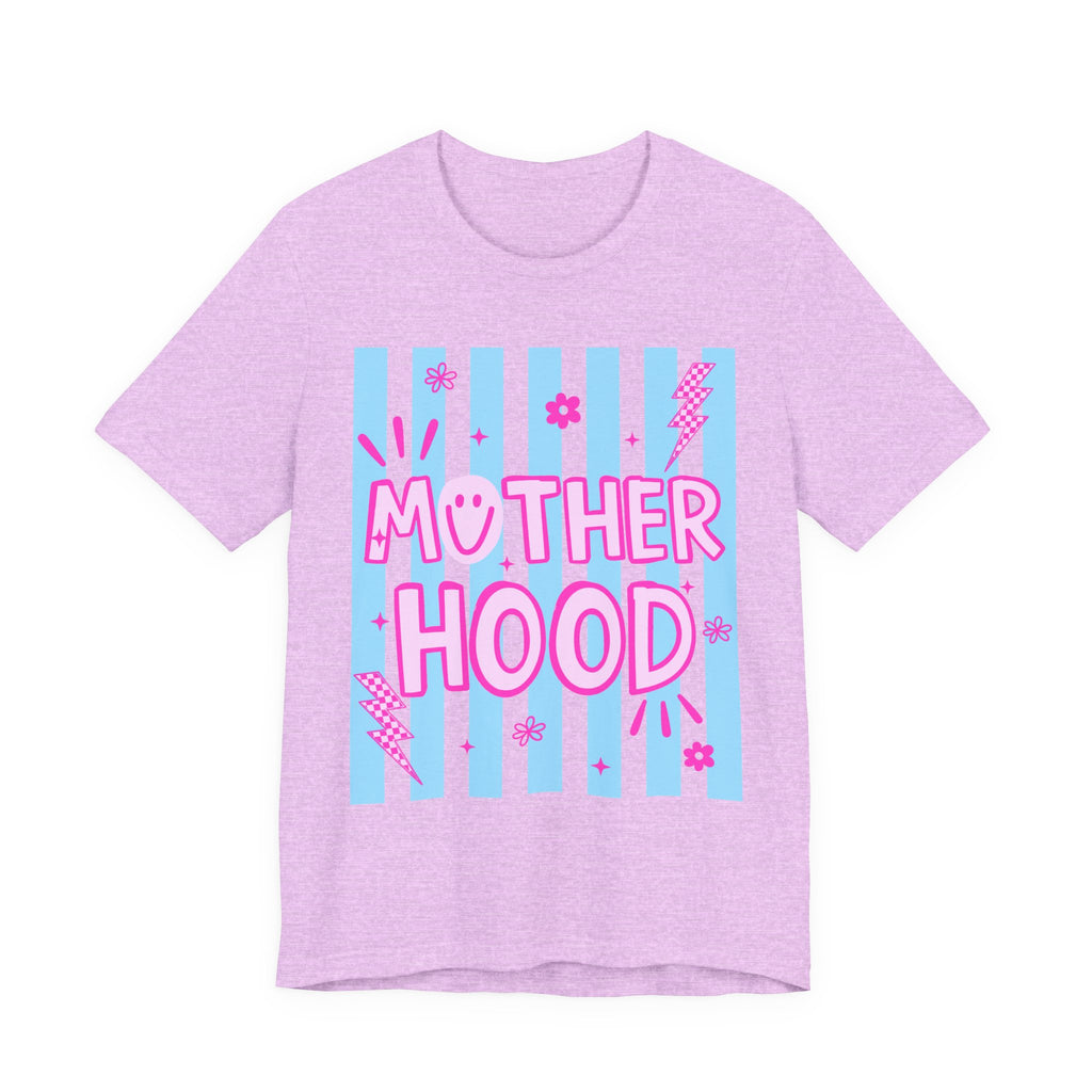 Motherhood Graphic Tee — Cute Pink & Blue Striped Mom Shirt