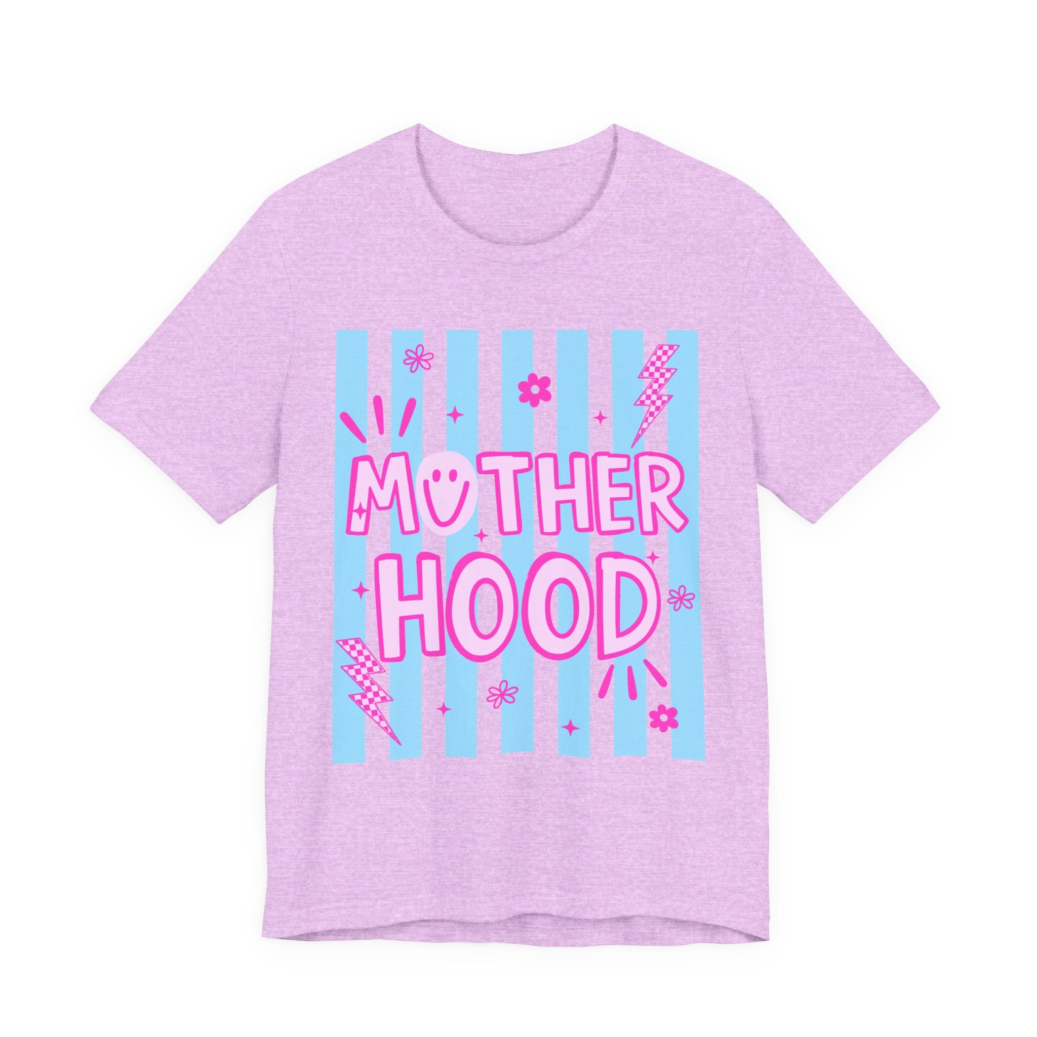 Motherhood Graphic Tee — Cute Pink & Blue Striped Mom Shirt