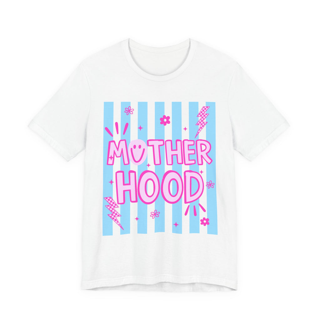 Motherhood Graphic Tee — Cute Pink & Blue Striped Mom Shirt