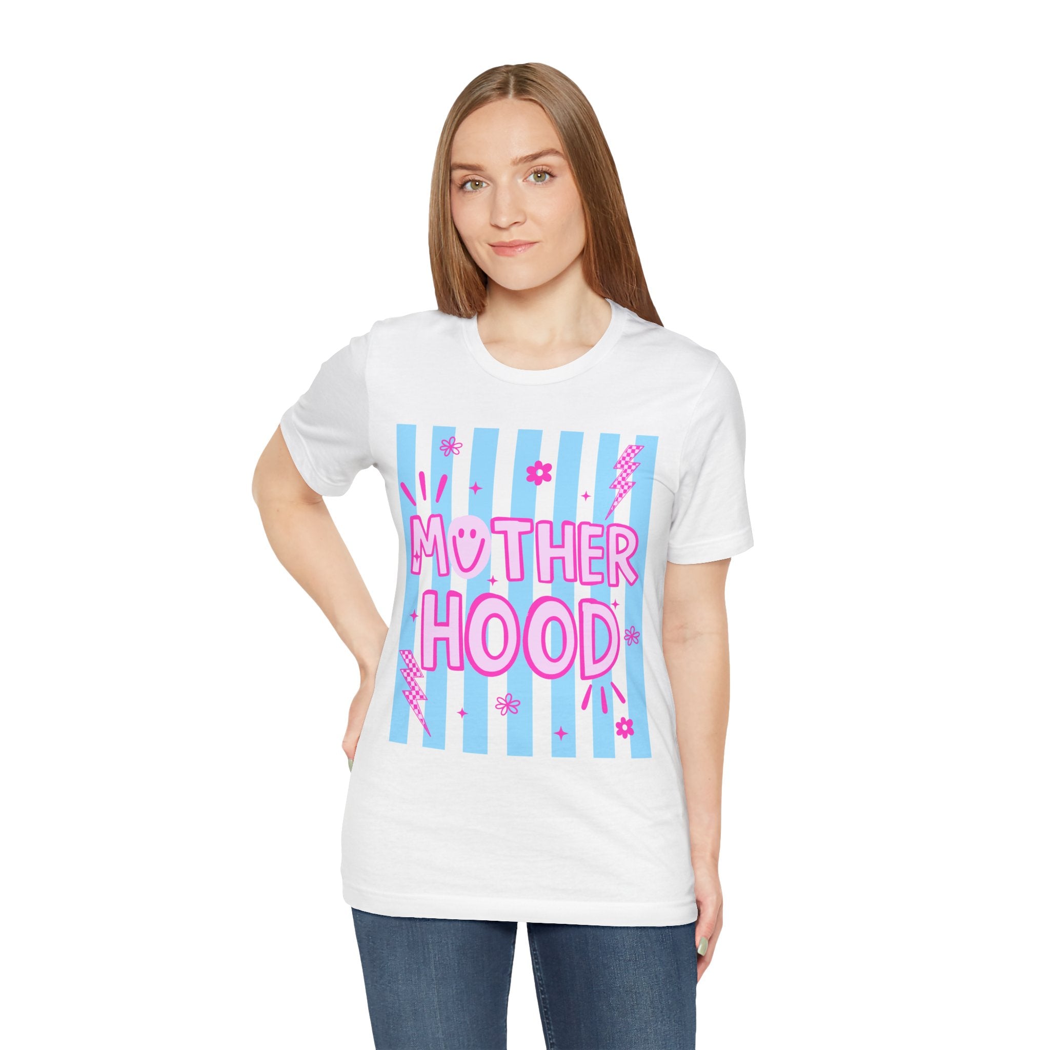 Motherhood Graphic Tee — Cute Pink & Blue Striped Mom Shirt