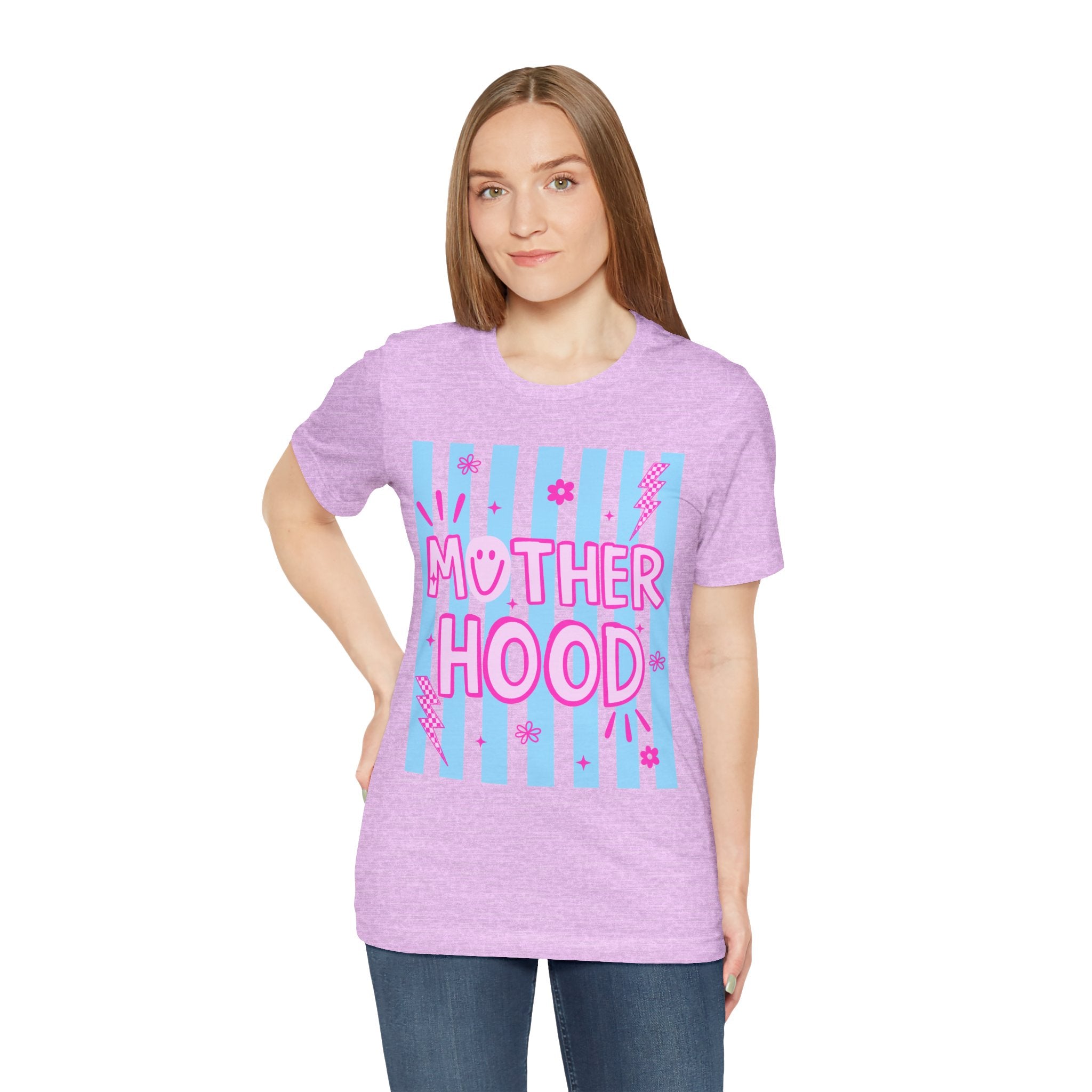 Motherhood Graphic Tee — Cute Pink & Blue Striped Mom Shirt