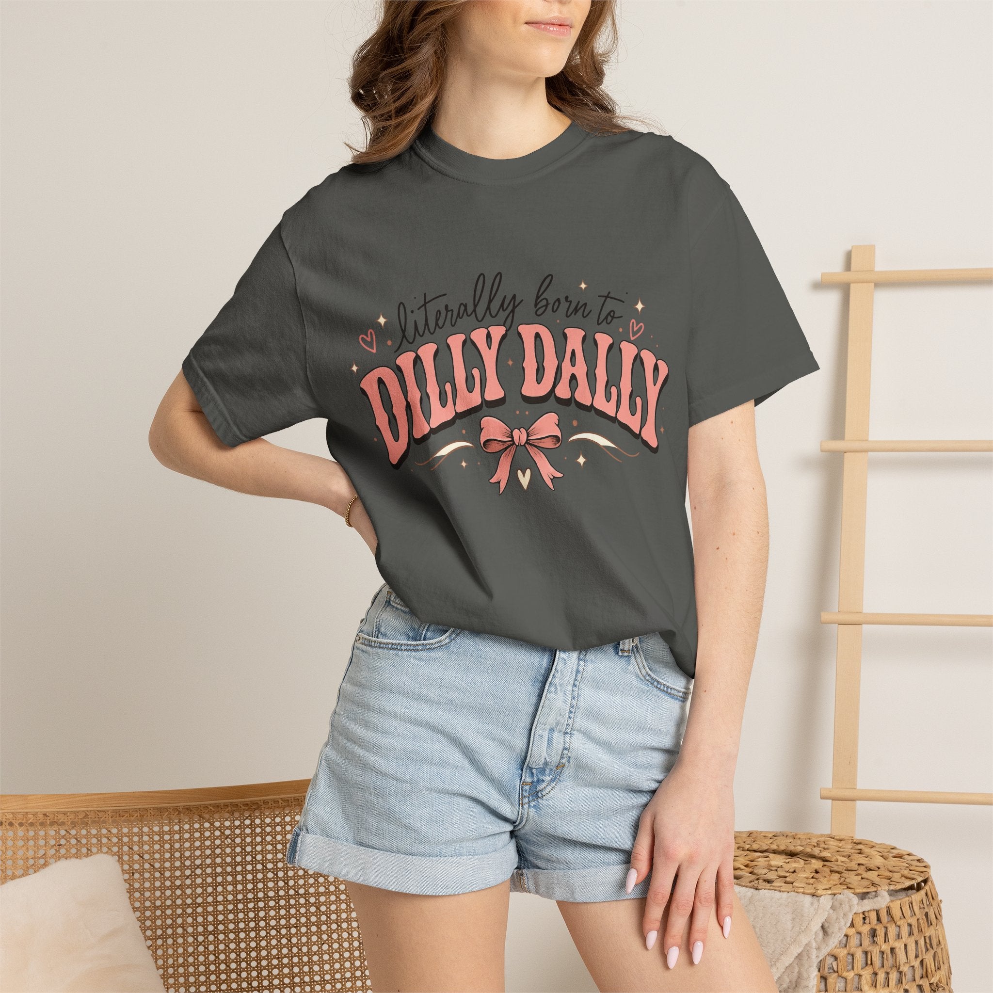 T-Shirt — "Literally Born to Dilly Dally" Retro Pink Bow Graphic