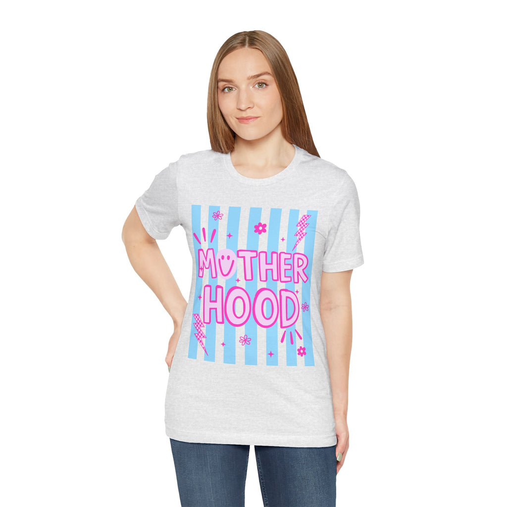 Motherhood Graphic Tee — Cute Pink & Blue Striped Mom Shirt