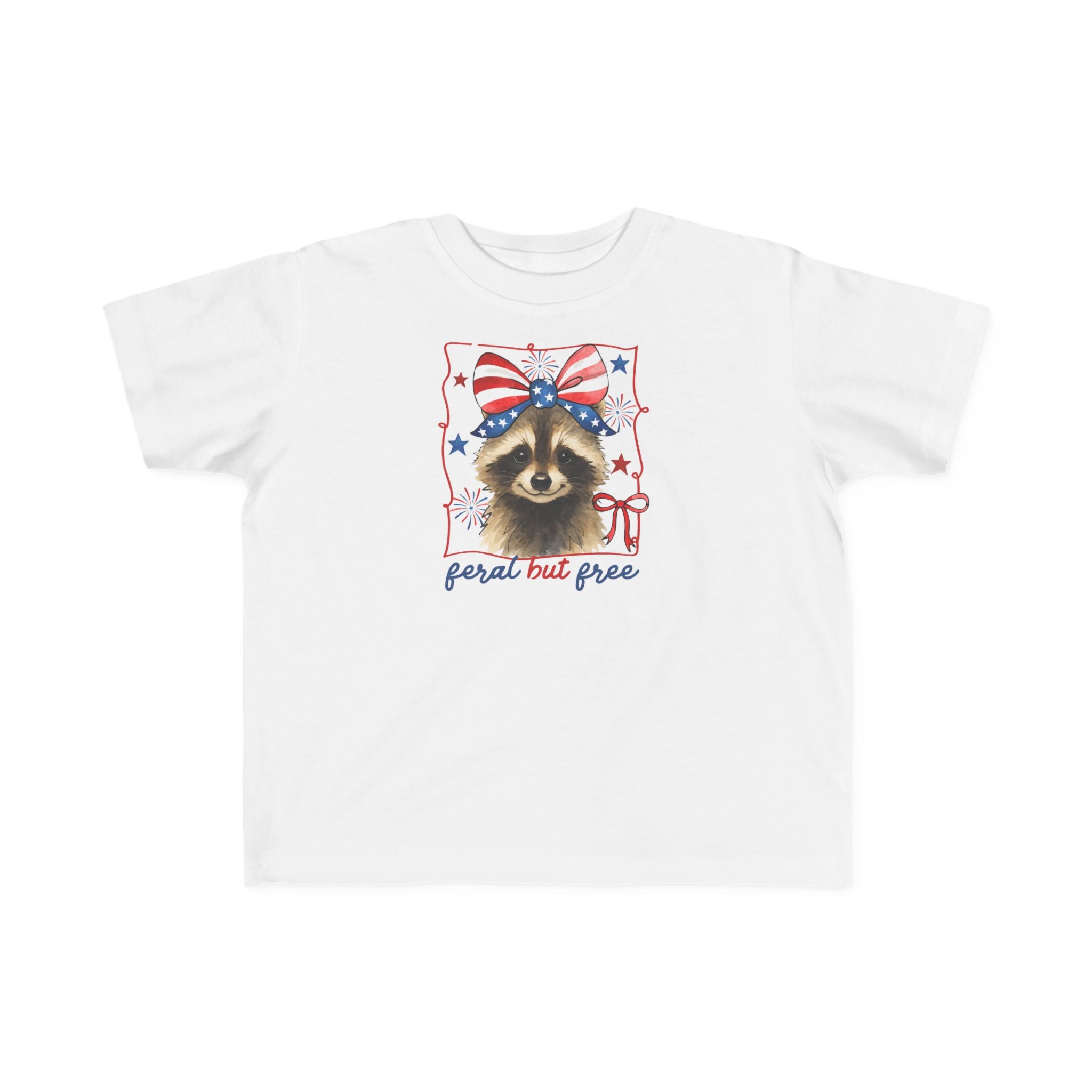 Toddler Tee — "Feral But Free" Raccoon with American Flag Bow (Patriotic 4th of July Kids Shirt)