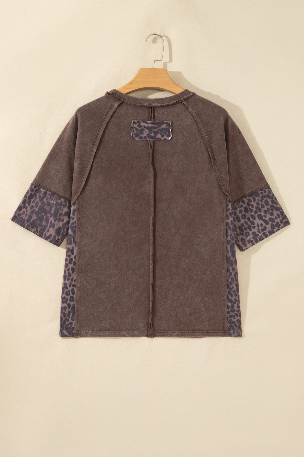 Coffee Mineral Wash Exposed Seam Leopard Star Patched T Shirt
